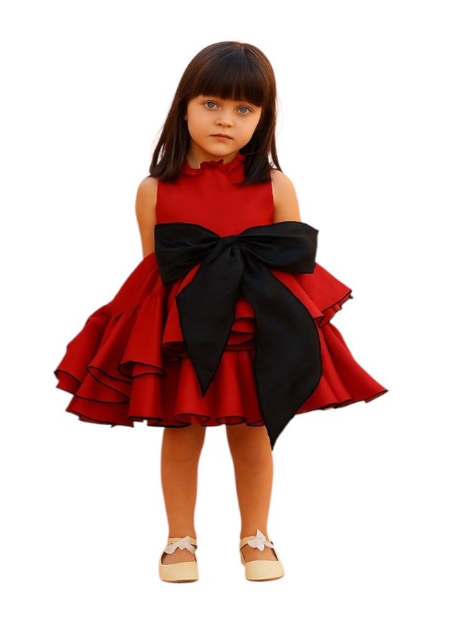 PINK WINGS Girls Taffeta Knee Length Party Dress Frock (in, Age, 7 Years, 8 Years, Regular, Red) - Image 1